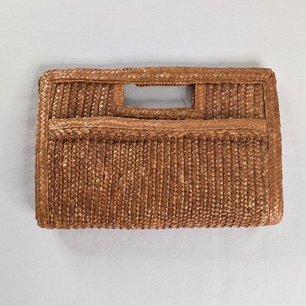 VTG Tan Woven Top Handle Front Pocket Claps Closure Clutch Bag - Picture 1 of 7